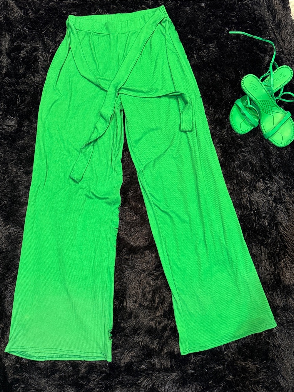 Girls' Green Wide-Leg Tie-Waist Pants